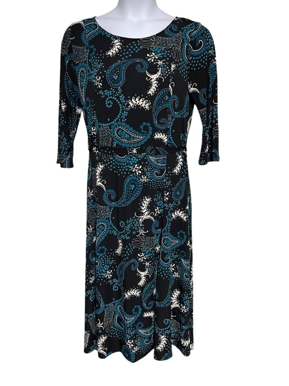 Black Paisley Print Midi Dress 3/4 Sleeves Waist Tie Detail Stretch Fabric Size